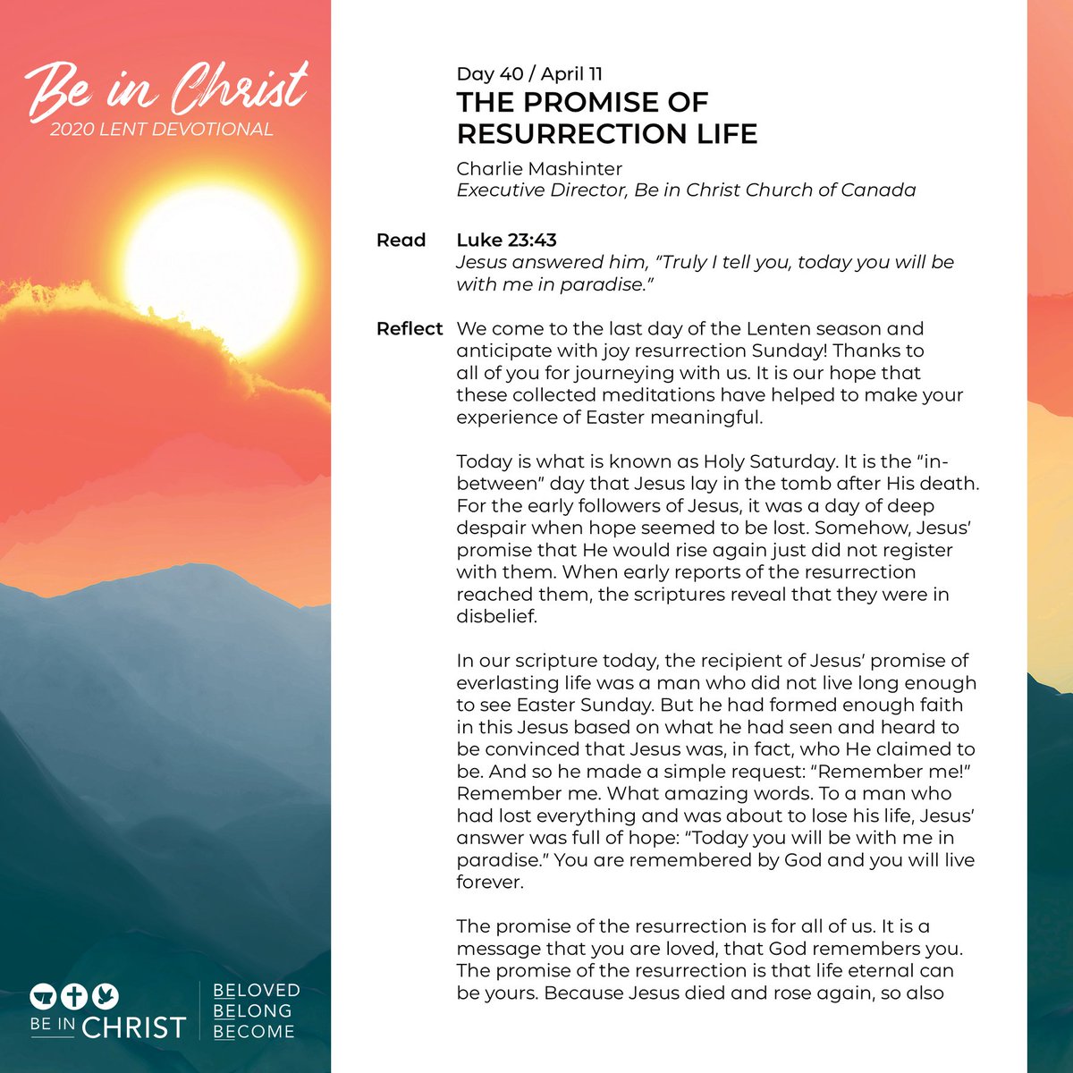 BICCanada's tweet photo. Today's Lent devotional post is from Charlie Mashinter at Be In Christ Church of Canada. #BICLentDevo2020 https://t.co/Jhm0zmQz2h