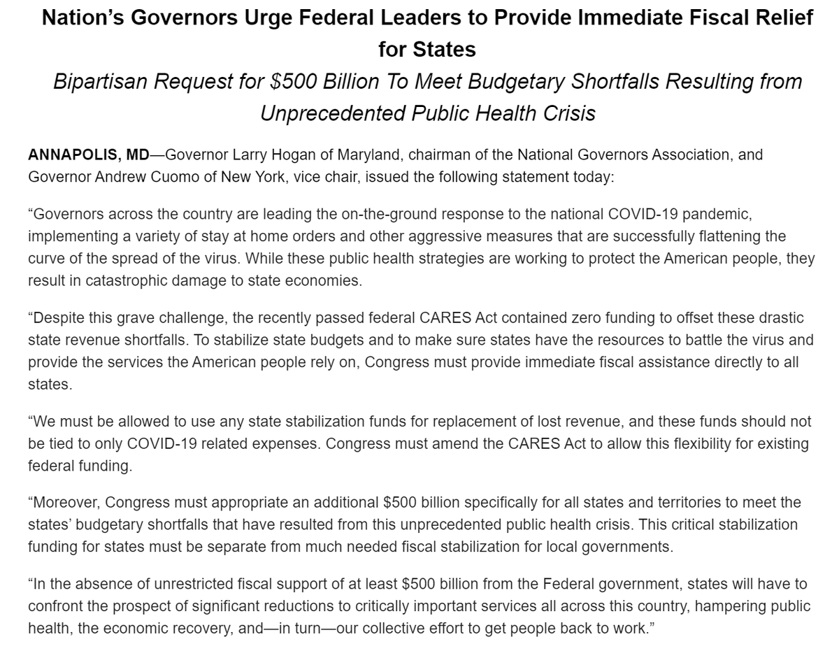 Michael Ricci (@riccimike) on Twitter photo STATEMENT from <a href="/GovLarryHogan/">Governor Larry Hogan</a> & <a href="/NYGovCuomo/">Archive: Governor Andrew Cuomo</a>:
"Congress must appropriate an additional $500 billion specifically for all states and territories to meet the states’ budgetary shortfalls that have resulted from this unprecedented public health crisis." STATEMENT from <a href="/GovLarryHogan/">Governor Larry Hogan</a> & <a href="/NYGovCuomo/">Archive: Governor Andrew Cuomo</a>:
"Congress must appropriate an additional $500 billion specifically for all states and territories to meet the states’ budgetary shortfalls that have resulted from this unprecedented public health crisis."