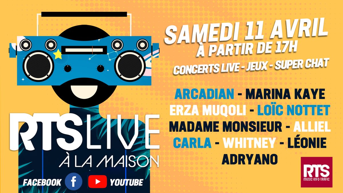 rtslaradiodusud's tweet photo. A 17h, Aujourd'hui "Concert RTS Live A la Maison" en direct sur
https://t.co/et4Xq2wSFl
#ErzaMuqoli #Arcadian #Carla #LoïcNottet #MarinaKaye #Whitney #MadameMonsieur #Alliel #Léonie #Adryano #rtslive
#confinementjour26 #restezchezvous #ensemblealamaison https://t.co/3oMH4d8YQZ