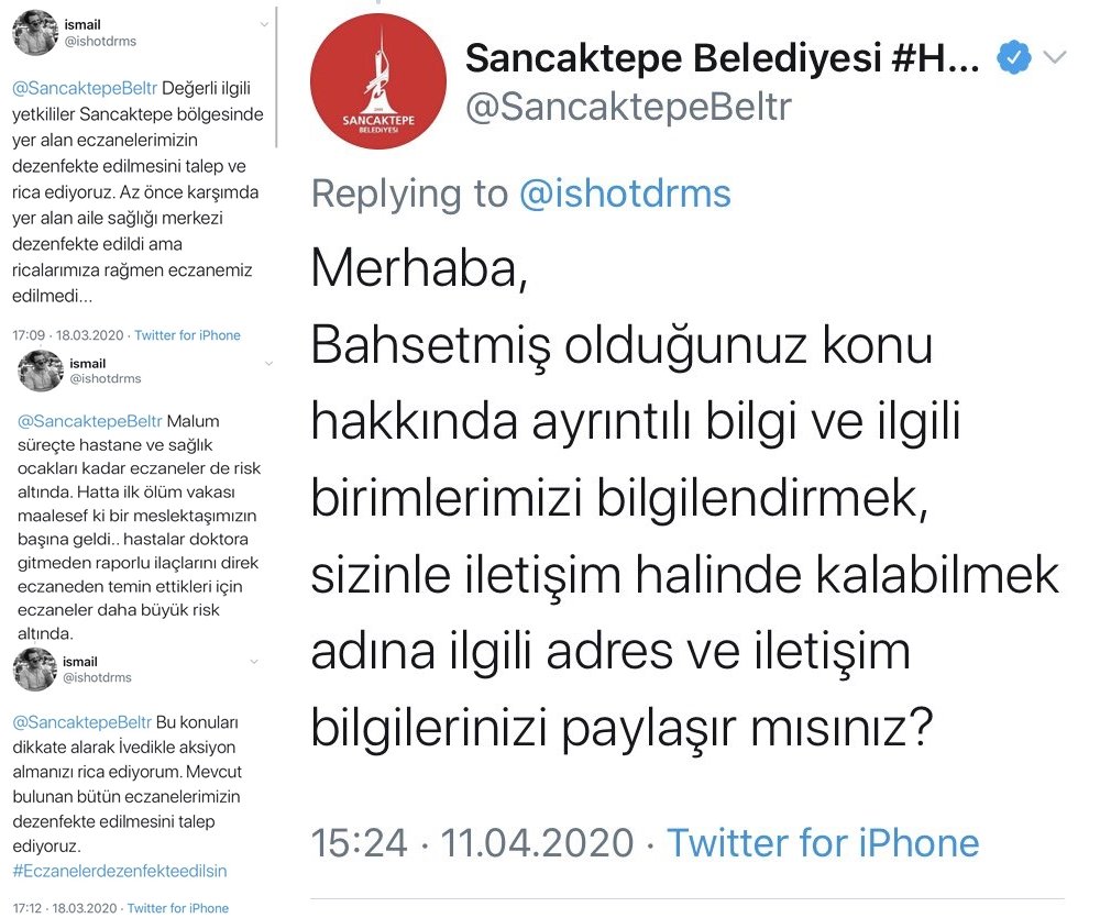Koronavirüs nedeniyle hayatını kaybeden eczacı İsmail Durmuş, 3 hafta önce eczanesinin dezenfekte edilmesi için Sancaktepe Belediyesi'nden talepte bulundu.

Durmuş'un talebine öldükten sonra cevap verildi.