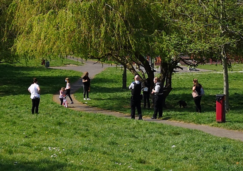 Becca & Dave moving on different families who were sunbathing/relaxing while their kids played in Altash Gardens