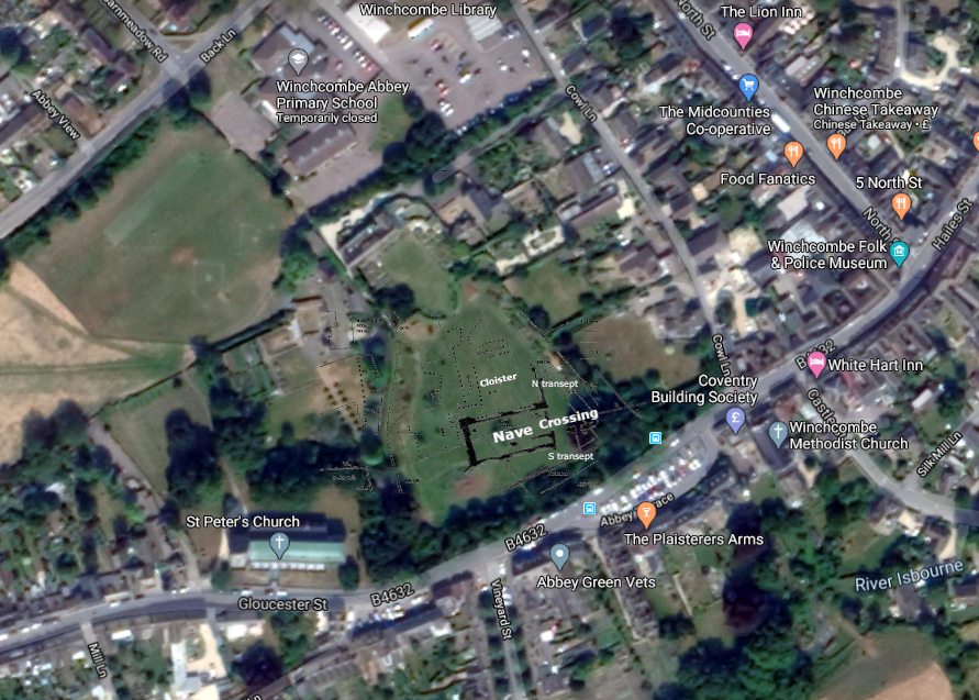 Winchcombe WAS a headache, partly because the Google aerial photography is the crappiest I've ever seen, but it goes to show you can't keep a good church down if you excavate hard enough (1893 excavations, 2006 geo phys).As far as I know, all the abbey precinct is private. bum