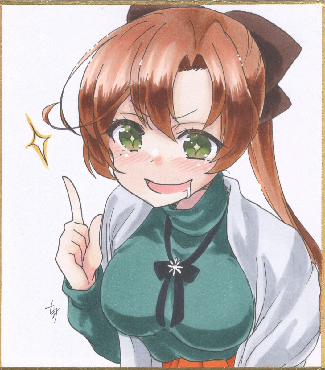 akigumo (kancolle) 1girl solo brown hair green eyes ponytail long hair traditional media  illustration images