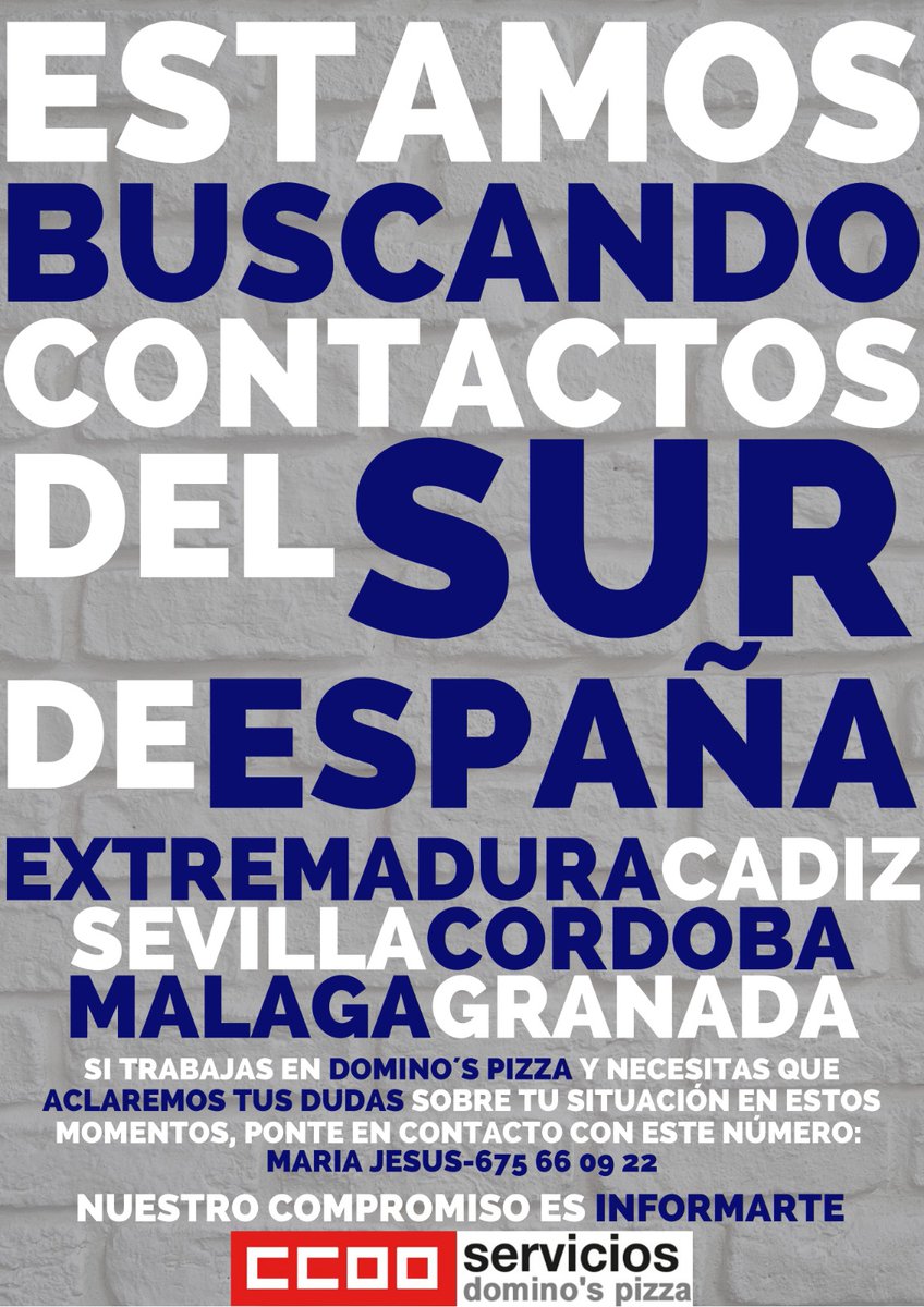 CCOO_Dominos's tweet photo. 🔴NORTE,🔵SUR, 🟢LEVANTE, Y 🟡LAS ISLAS CANARIAS son las zonas donde necesitamos contactos para llegar a toda la plantilla de Domino´s que queremos mantener informada y sin dudas. ¡PONTE EN CONTACTO CON NOSOTROS! Nuestra labor eres tú. https://t.co/QEP41HfZ5L
