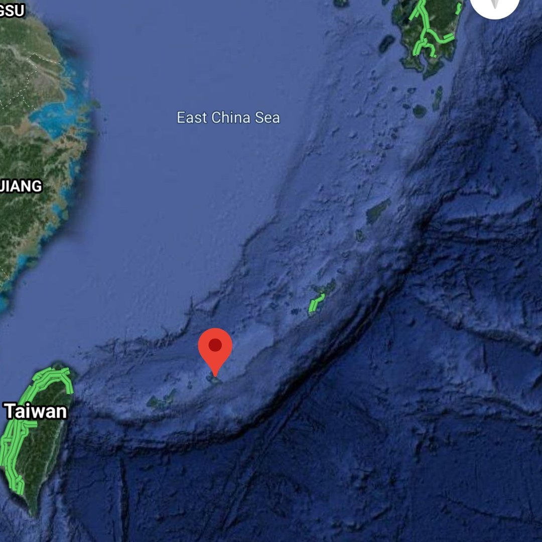 "Subsequently, these ships traveled southward in the waters between Okinawa Main Island and Miyako Island." Same source.On the map, Miyako-jima is marked. The neon green island slightly to the NE of the marker is Okinawa. The formation passed between these 2 islands.
