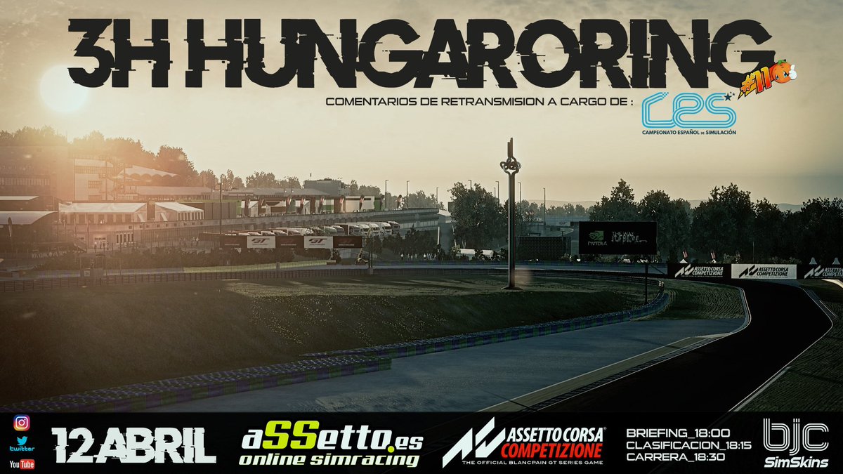 Assetto_es's tweet photo. Hoy a las 19:30h retransmitiremos,con la colaboración de @PaddockCES,  la sesión de clasificación de las 3 horas de Hungaroring. 

¡¡ No te la pierdas !!

https://t.co/u7YCJMTsro https://t.co/xHgbXJGW2f