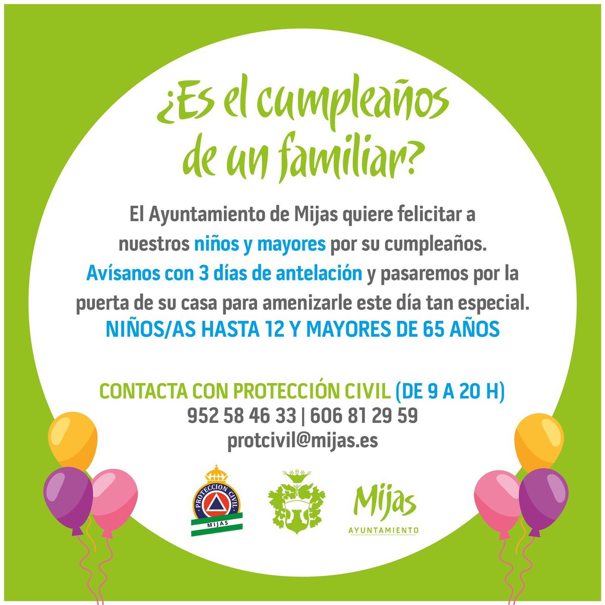 MijasCom's tweet photo. #Covid19 | #Mijas

🍰🎁🎉 ¿Es tu cumpleaños? El @AytoMijas  quiere felicitarte en este día tan especial

▪ Si eres menor de 12 años o mayor de 65, avisa con tres días de antelación y los servicios especiales acudirán hasta la puerta de tu casa para felicitarte https://t.co/bnucnhfkuV