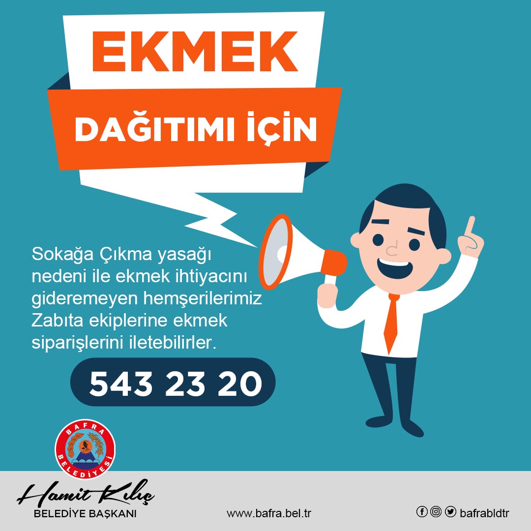Bafrabldtr's tweet photo. #SokagaCikmaYasagi nedeni ile ekmek ihtiyacını gideremeyen hemşerilerimiz 543 23 20 numaralı telefonumuzu arayarak Zabıta ekiplerimizden yardım talep edebilir.

#sokagacikma https://t.co/LFExTcaEce