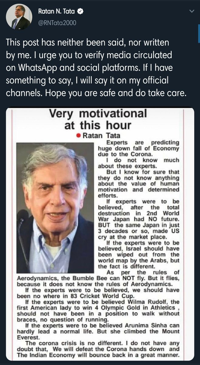 DrikPost's tweet photo. #DrikPost
#FakeNewsAlert
A motivational statement from @RNTata2000 doing rounds on #SocialMedia is reported to be #fake. He has denied making any such statements and urged to verify such posts in future.
#SpreadTheWord
#COVID2019india https://t.co/uTQnKrQyXa