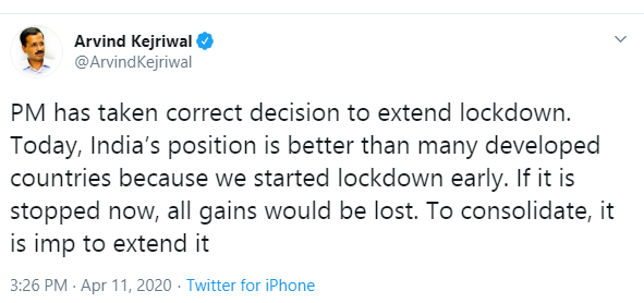 timesofindia's tweet photo. PM has taken correct decision to extend lockdown, tweets Delhi’s chief minister @ArvindKejriwal 

#CautionYesPanicNo #CoronavirusOutbreak #IndiaFightsCorona #StayHomeIndia #StayHome
#StayAtHome #HealthyAtHome  

Live updates 👇

https://t.co/dy4Fm3Kjso https://t.co/nCmSj6u8p1