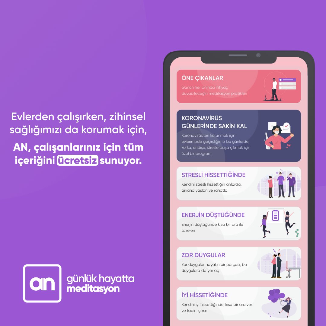 Kurumlar için "İşte AN" Programı ile içeriklerimizi çalışanlarınıza ücretsiz olarak sunuyoruz. 
Detaylı bilgi için tr.an-app.com/iste-an

#evdekal #meditasyonyap #anapp #meditasyon #covid_19 #sakinkal #sağlıklakal #mindfulness #heranyanında #anıntadınıçıkar