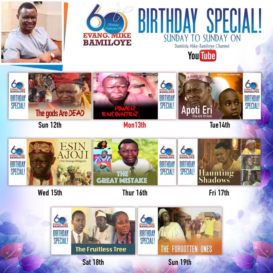 dbamiloye's tweet image. Hello every one it is going to be an amazing week. It is the birthday special of our Daddy Mike Bamiloye. From sunday 12 to sunday 18. We will be showing mount Zion classics on my YouTube channel. It’s a great way to spend the week this period.