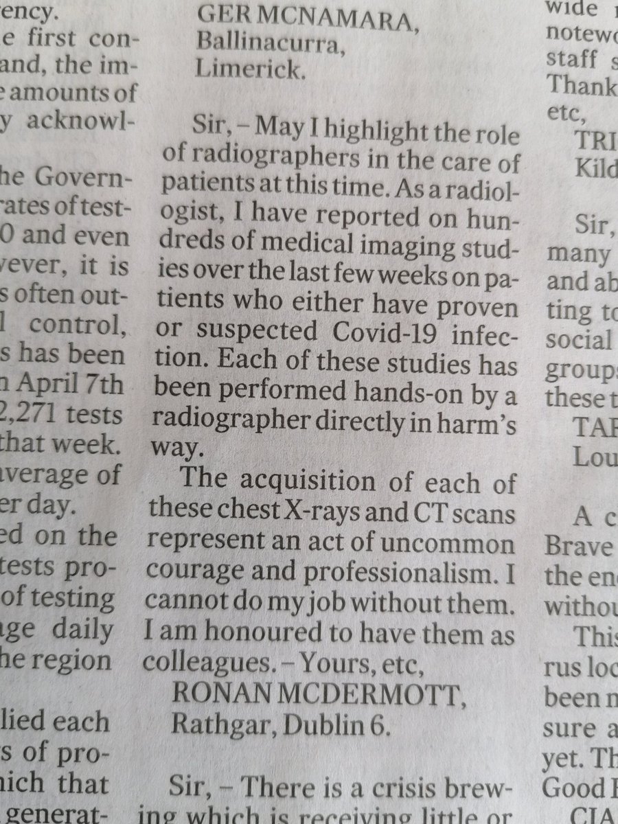 Jonathan McNulty (@mcnulty_j) on Twitter photo Nice acknowledgement in <a href="/ITletters/">Irish Times Letters</a> by Ronan McDermott (Beacon & SJH) of the great work being done by radiographers on a daily basis as part of the fight against the covid-19. Now, more than ever is professionalism and team-working in Depts. At the forefront.
#radiographers Nice acknowledgement in <a href="/ITletters/">Irish Times Letters</a> by Ronan McDermott (Beacon & SJH) of the great work being done by radiographers on a daily basis as part of the fight against the covid-19. Now, more than ever is professionalism and team-working in Depts. At the forefront.
#radiographers