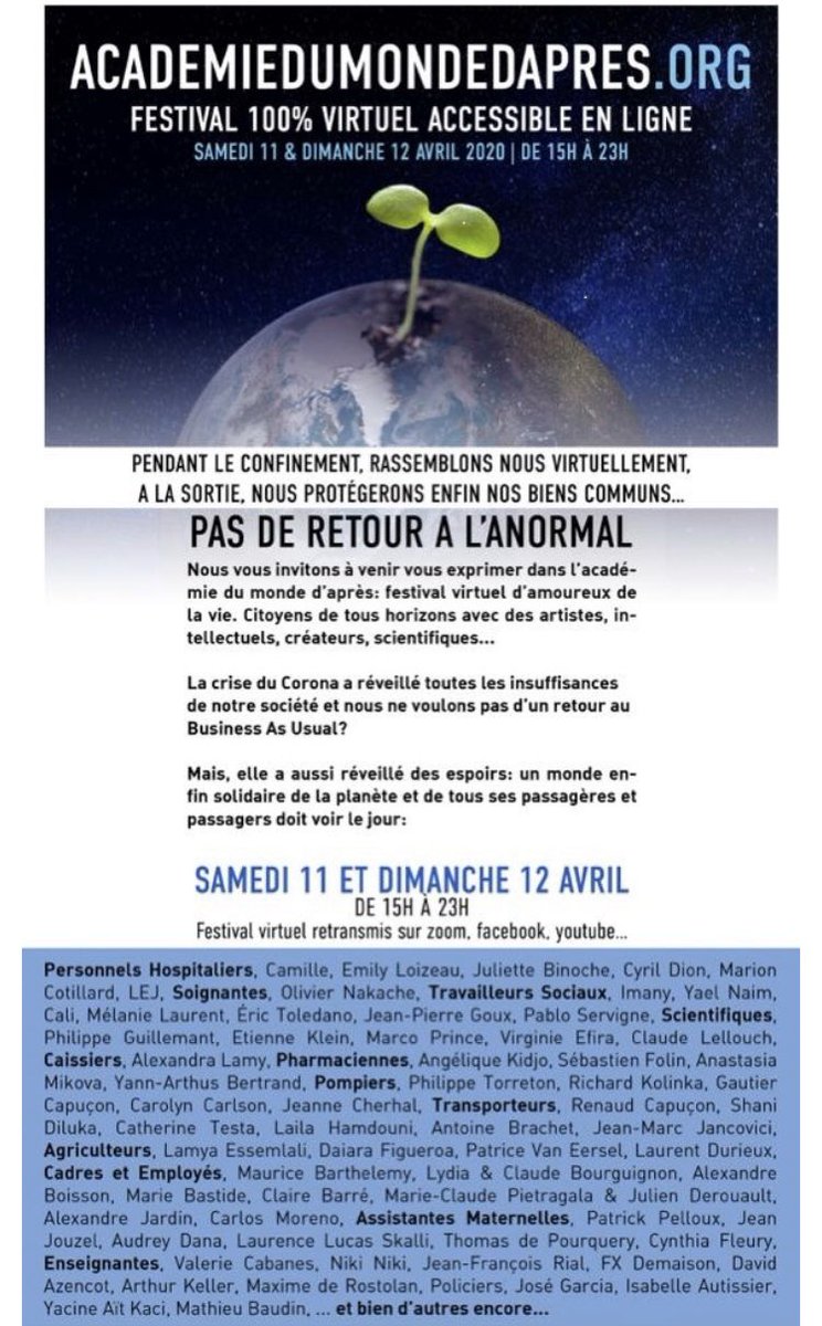 Kozetlapipelete's tweet photo. #Confinement #inspirant | artistes -assos- scientifiques- professionnels de la santé /de l’éducation / de l’agriculture... mobilisés virtuellement ce we autour de débats, concerts, méditations, réflexions pour imaginer l’après et faire avancer le monde :
https://t.co/1cqqJ3hpBF https://t.co/3r45TpkwrT
