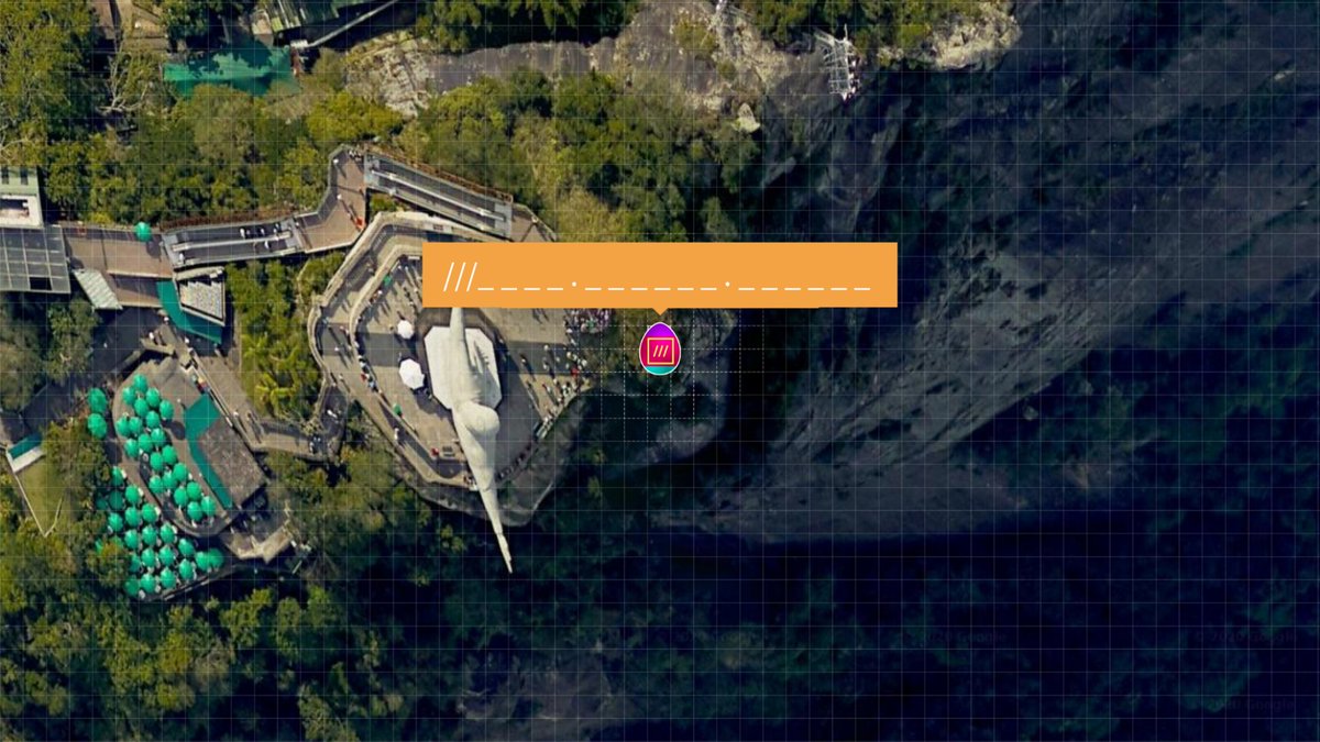 a map screenshot in satellite view showing a tourist site. In the middle an Easter egg with a hidden what3words address.