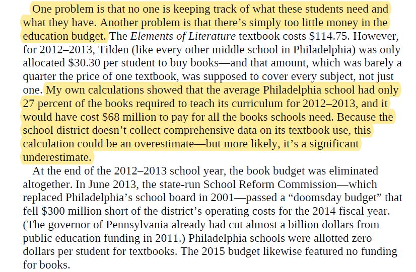 Once I realized the direct connection between textbooks & standardized-test success, I tried to find out exactly how many Philadelphia schools were missing books from the big three publishers. I was also curious how much money it would take to make up for the shortfall  #Broussard