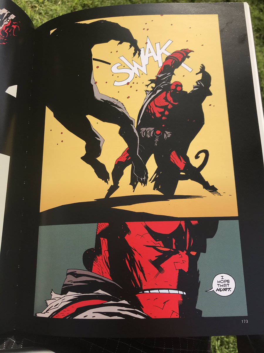Goddamn! The climactic fight sequence is titanic! Mignola is so deft at moving between more cerebral, tonal, conversation-driven segments and this sort of balls to the wall sequence, it’s remarkable. Also, panels like this really show off the library edition format!