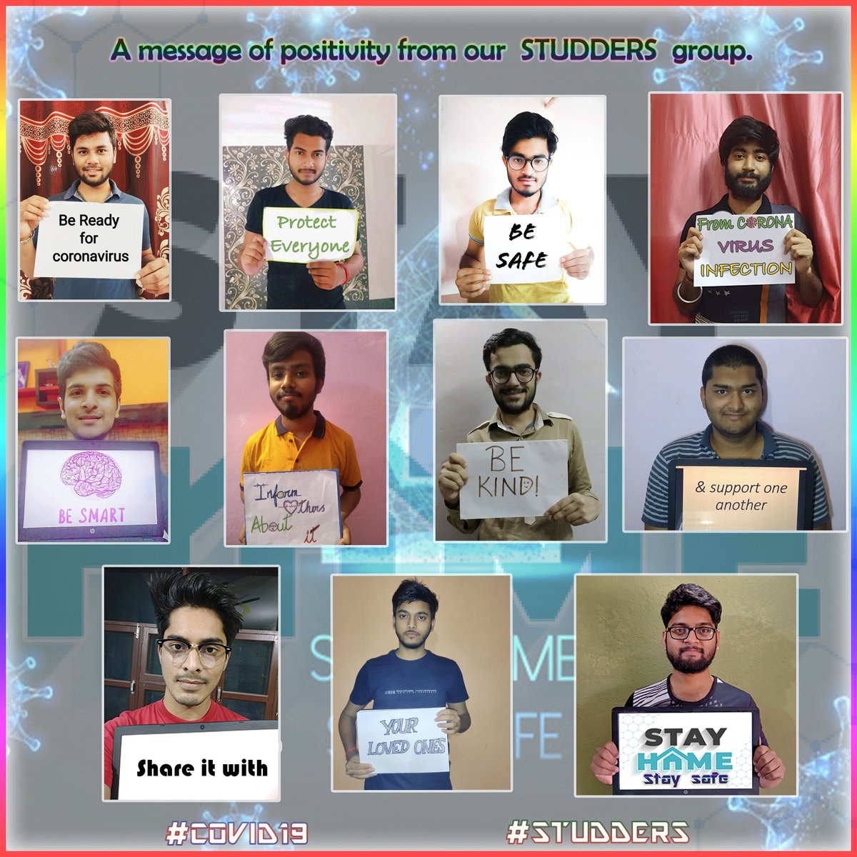 i_am_YRJ's tweet photo. We, The team of 11 students spreading the message of positivity because that's the least we can do.
.
And to all the Police, Doctors, Nurses, NGOs, government officials, army and those directly or indirectly supporting front-liners - thank you.
.
#Indian #rgiptians #studders #E17 https://t.co/irGmVdxao1