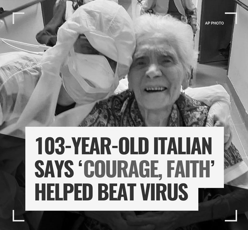 pdpbygm's tweet photo. Meet world’s oldest known COVID 19 survivor! 

"𝐆𝐢𝐯𝐞 𝐘𝐨𝐮𝐫𝐬𝐞𝐥𝐟 𝐂𝐨𝐮𝐫𝐚𝐠𝐞, 𝐇𝐚𝐯𝐞 𝐅𝐚𝐢𝐭𝐡."

says, Ada Zanusso when asked what helped her beat Coronavirus at age 103 in a country (Italy) with the world's largest number of recorded COVID-19 deaths. https://t.co/un66poMyEV