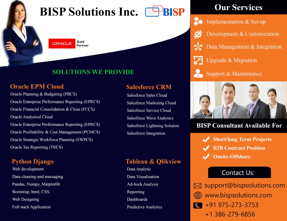bisptrainings's tweet image. Oracle EPM Cloud Training and Certification online at BISP Trainings. Want to achieve certification? Start advancing your career today with more detailed training and certification from BISP Trainings.
#OracleEPMCloud #Oracletraining #Oracleonlinecourse #Oraclecertification