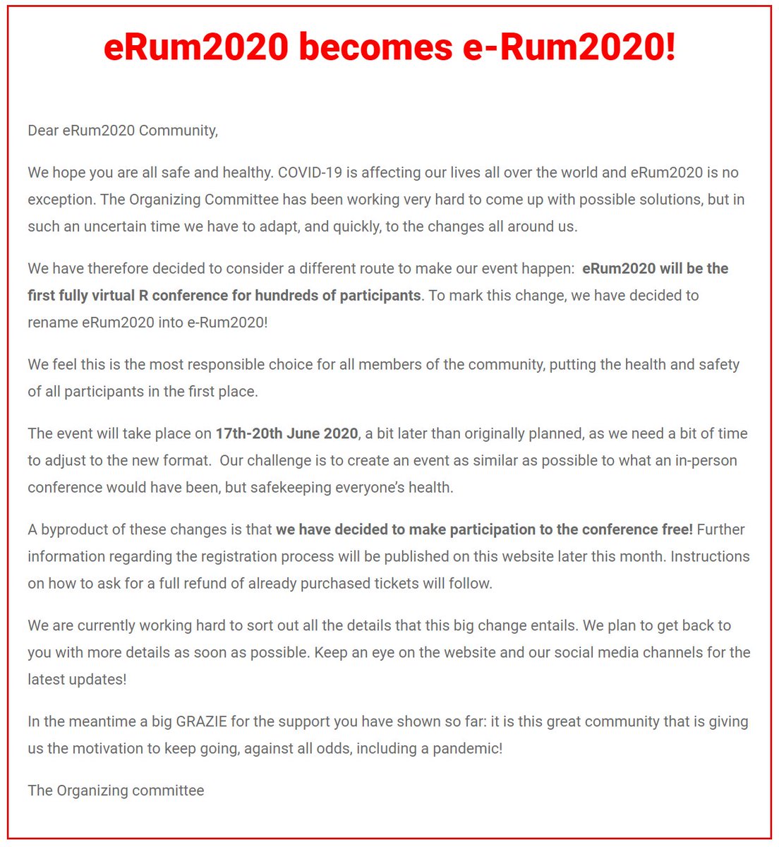 And participation to the conference will be free!!! #erum2020 #rstats  2020.erum.io/#erumgoesvirtu…