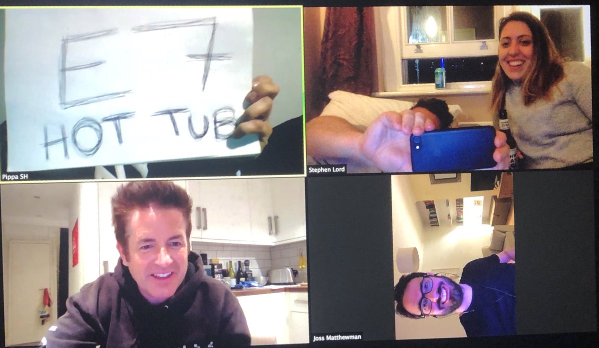 baseinvadersuk's tweet photo. This is a @baseinvadersuk zoom chat. Someone gets incredibly drunk. Someone holds up a sign. Someone lies in bed and someone can’t get the aspect ratio right. Bunch of misfits. #misfitsforlife https://t.co/Le0CJQmTvJ