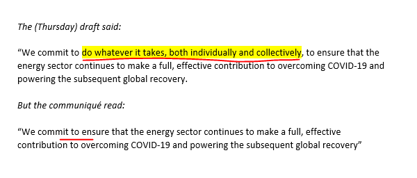 There was another big change between even an earlier version of the draft and the final communique. Early on Thursday, the draft still included the "whatever it takes" expression. That was eliminated from the draft circulated on Friday, and also from the final statement.  #OOTT