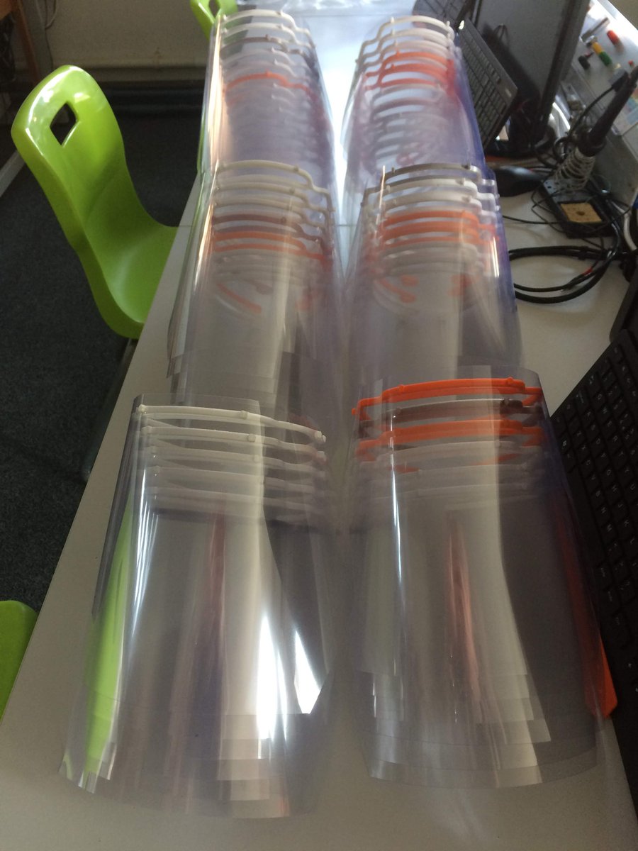 First batch of 3D printed visors from Daniel W @RadleyDSocial ready to be distributed to local gps, hospitals, care homes etc. Fantastic effort #COVIDー19