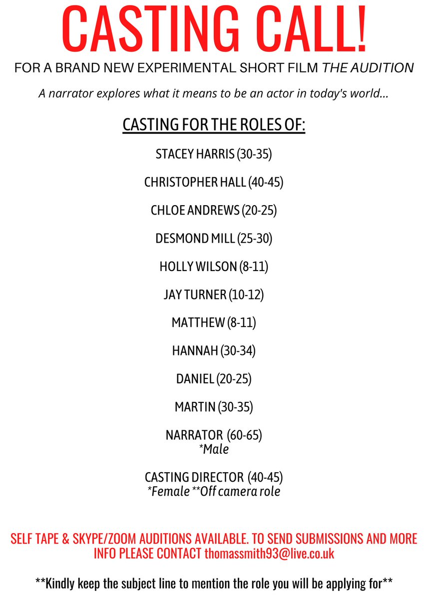 tommsmith1993's tweet image. CASTING CALL!

Seeking 12 actors for THE AUDITION. Self tape &amp;amp; Skype/Zoom auditions available. To send submissions and more info please contact thomassmith93@live.co.uk.

Follow the link to download the screenplay. 

drive.google.com/file/d/1IsM6Qh…