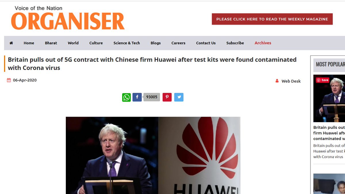 8/ contracts with China from a news outlet called 'the organiser' - which describes itself as a weekly outlet in Bharat representing cultural nationalist views. I hadn't heard that UK was pulling out, no other major publications had announced it. So I checked the source....