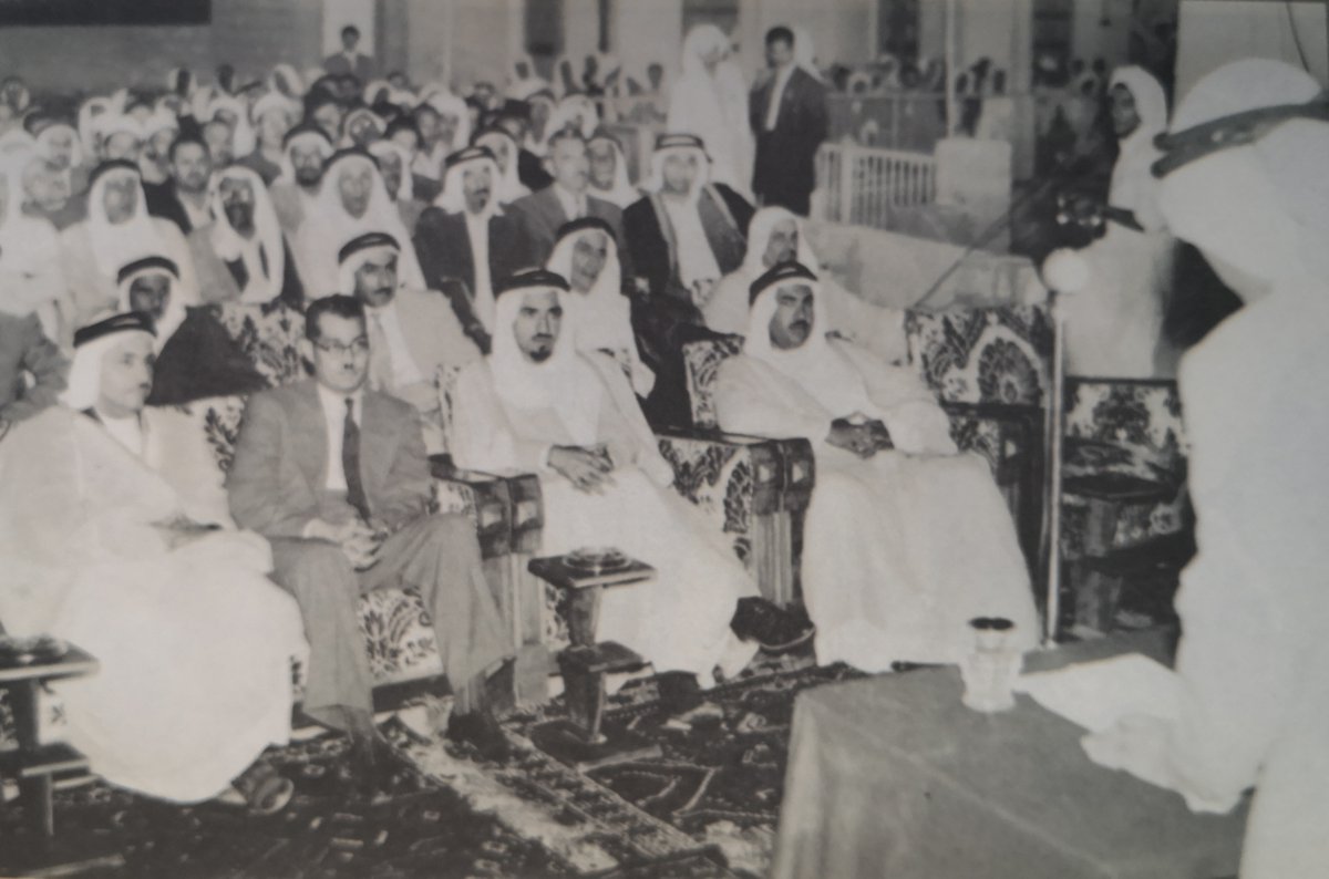 Among other objectives, Sheikh Sabah was concerned about youth care. In the 50s he was honorary president of the Teachers' club & was keen to eradicate illiteracy. He believed that the youth formed the pillar of Kuwait's future. [Sheikh Sabah at a cultural event in the 1950s] /6