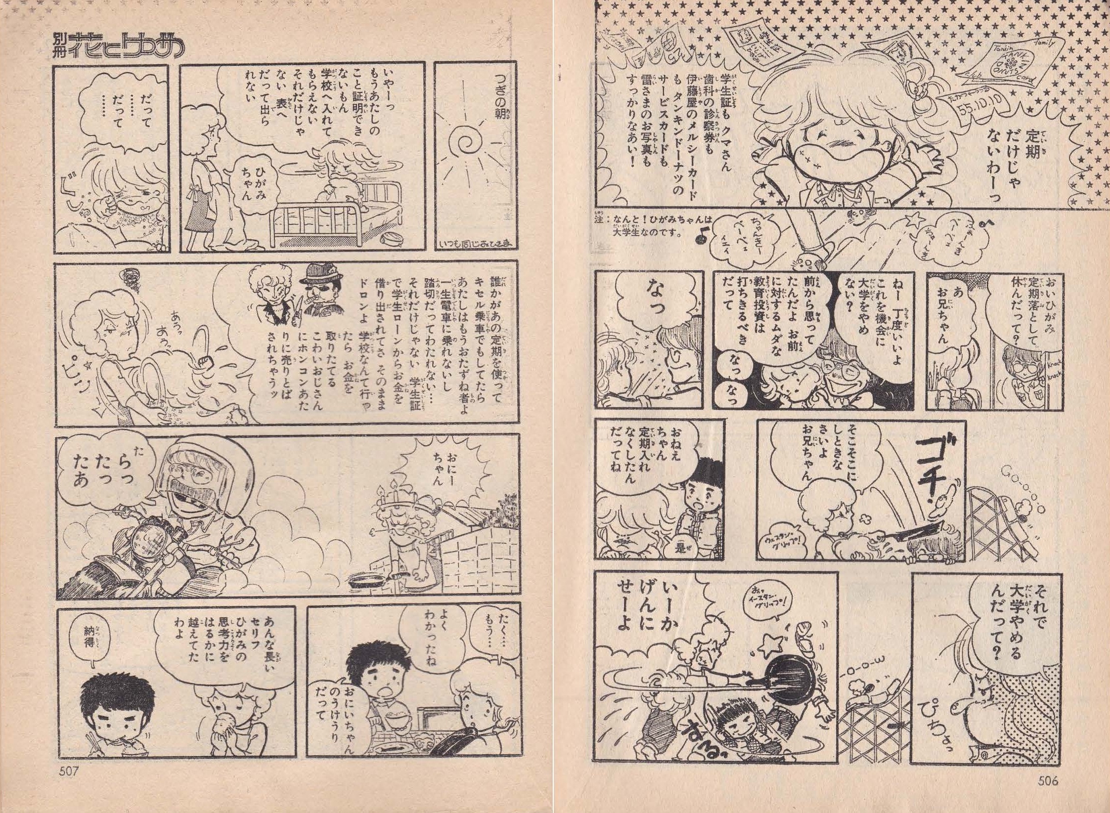 最中義裕 4月11日は ぬまじりよしみ先生の誕生日 当時21歳のデビュー作 拾う神あり 第48回hmcトップ賞受賞作 別冊花とゆめ1980年春の号掲載 出世作 ひがみちゃんシリーズ 女子大学生を主人公にした軽めのドタバタ青春キャンパスライフ物という