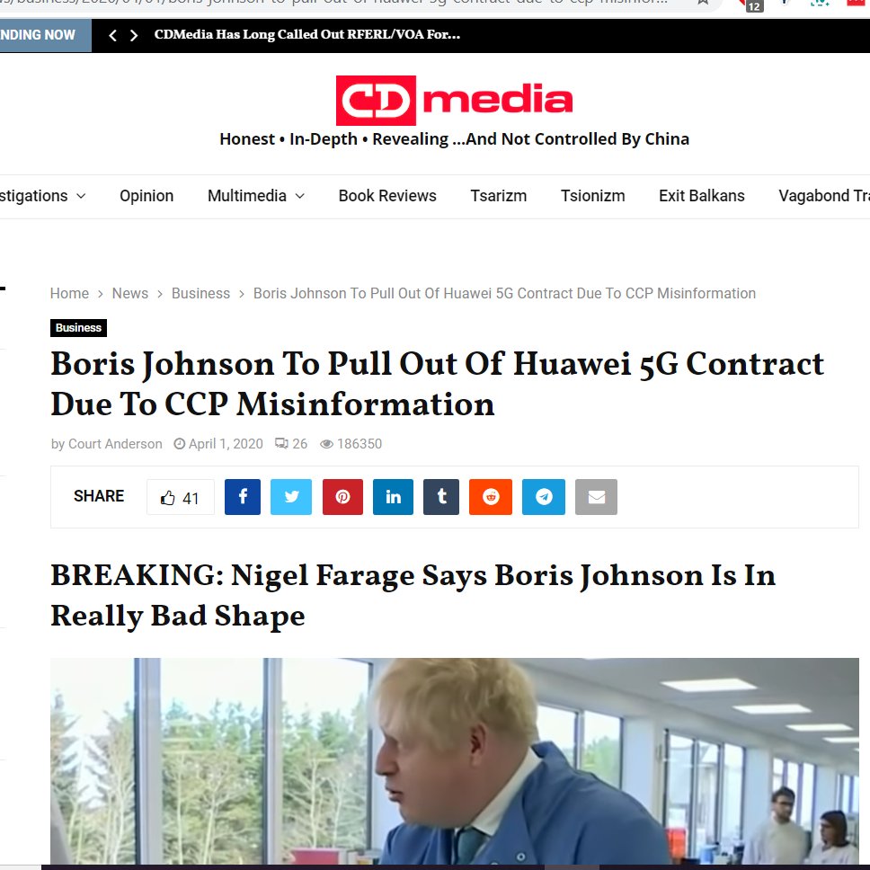 9/It led me to this site called Creative Destruction Media, apparently connected to  @LToddWood CD Media reports that they had from 'two sources close to the matter' that PM Boris Johnson was planning to cancel contract withs Huawei'. Not sure how this obscure, right wing news