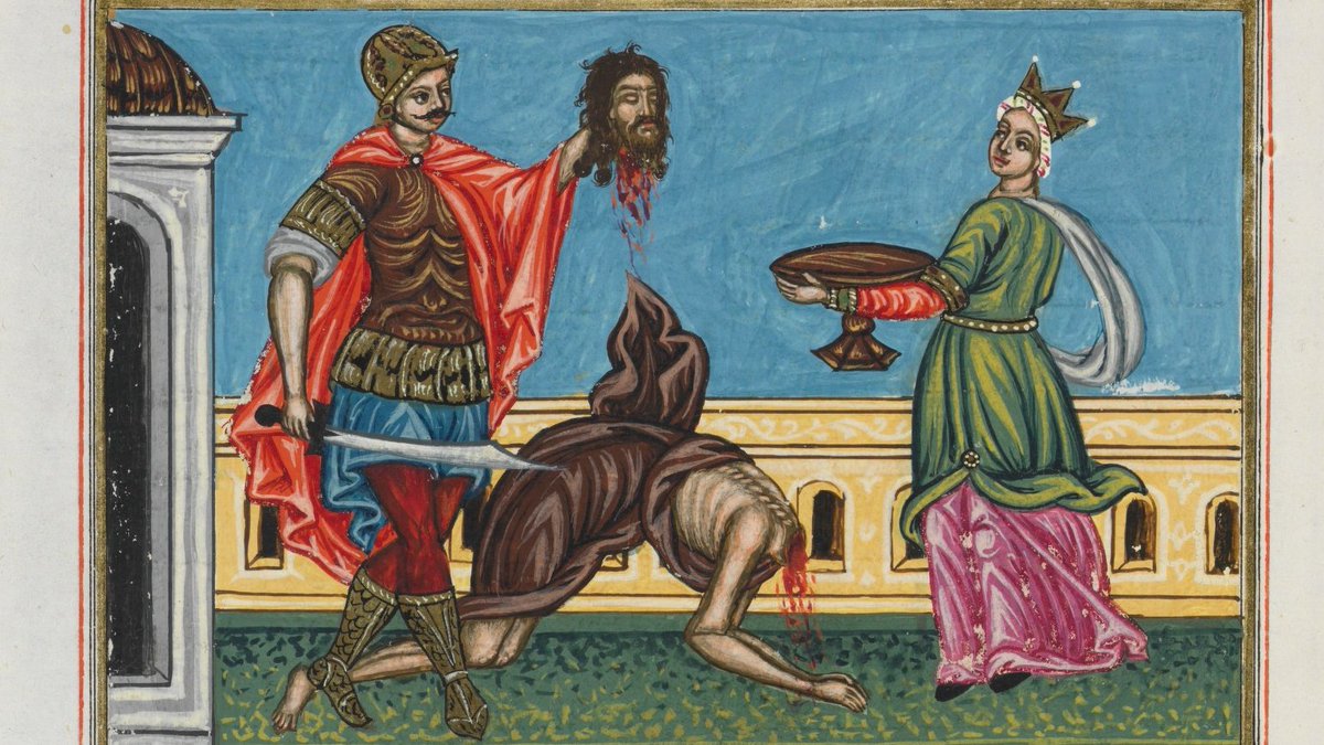 Mark 6:25-27 "And she came in straightway with haste unto the king, and asked, saying, I will that thou give me by and by in a charger the head of John the Baptist... the king sent an executioner... he went and beheaded him in the prison."[89]