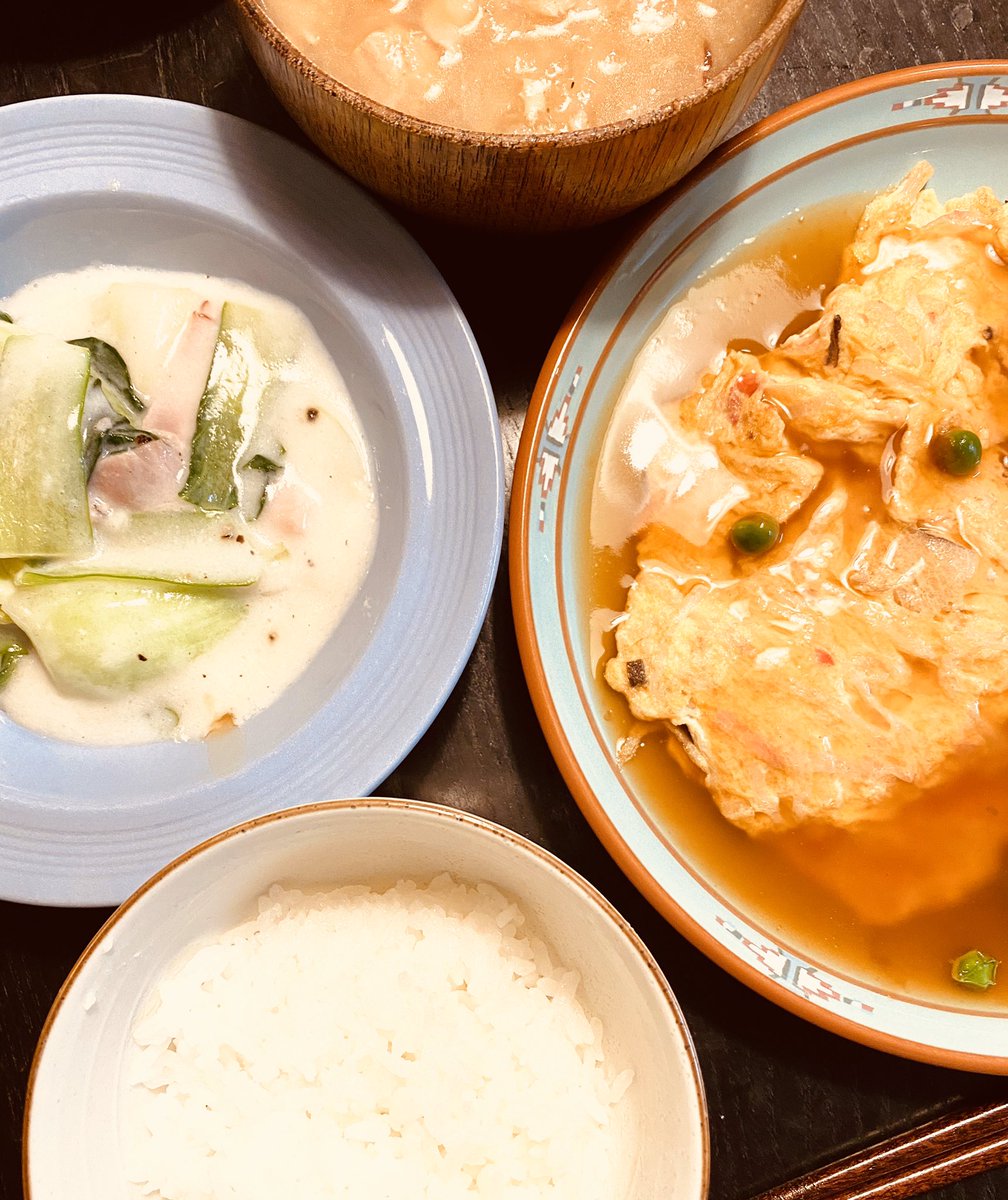 中華風献立 油淋鶏 青梗菜と平茸のオイスターソース炒め かに玉 幸せは食卓から 心を込めてお料理