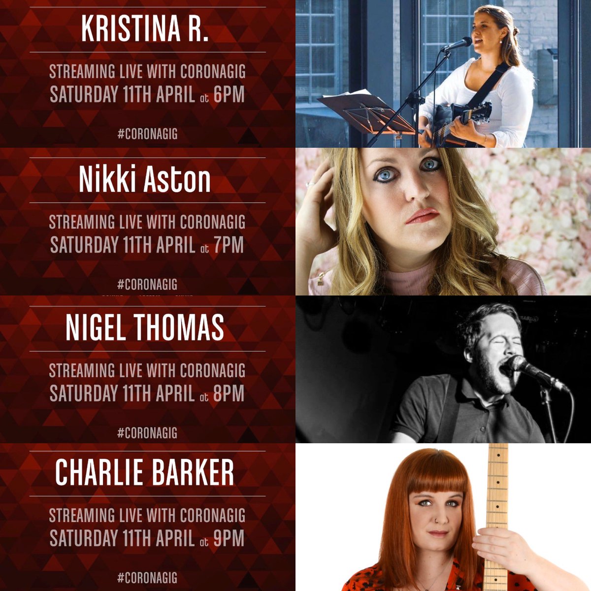 CoronagigLive's tweet photo. Today was have another incredible line up with 4 great acts!
Head over to the  Facebook page for the live streams!👍🎤🙌
@Nigelsongs  @charliebarker 
#coronagig #facebook #LiveStreamMusic https://t.co/ajK0D4W9PL