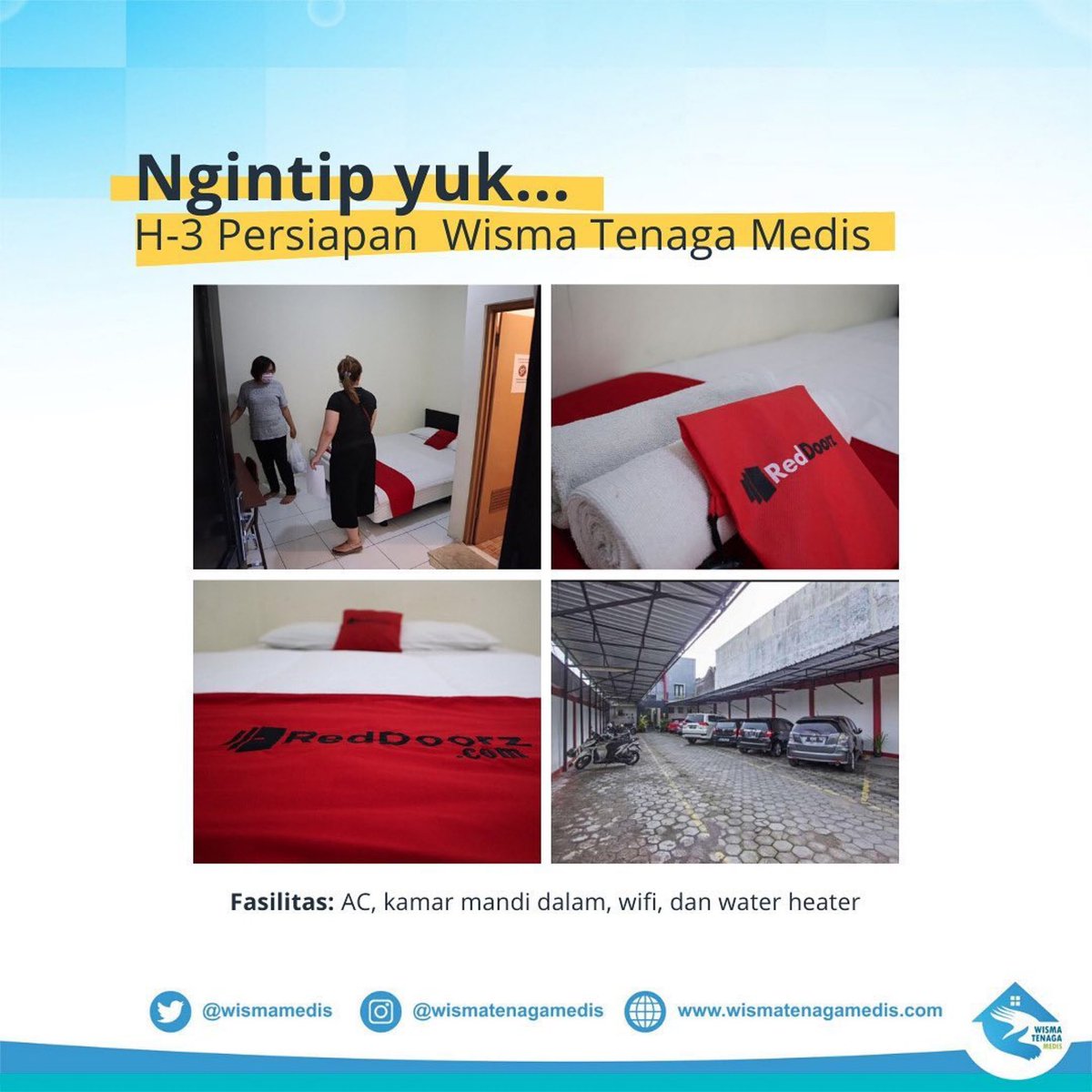 Nggak terasa, 3 hari lagi Wisma Tenaga Medis akan merelokasi nakes untuk pertama kalinya. Siang tadi tim kami melakukan beberapa pengecekan sekaligus persiapan relokasi.

Mohon doanya agar relokasi tanggal 14 April nanti berjalan lancar ya, teman-teman! ☺️🙏🏻