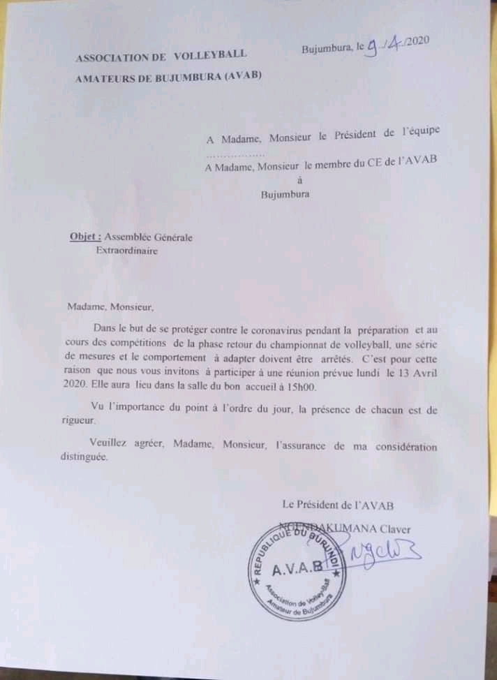  Le championnat de  #volleyball amateur va se poursuivre dès le weekend prochain. Des mesures seront arrêtées lundi le 13/04/2020 "pour prévenir la propagation du  #coronavirus lors de la préparation et des matchs de compétition" #Burundi  #sports