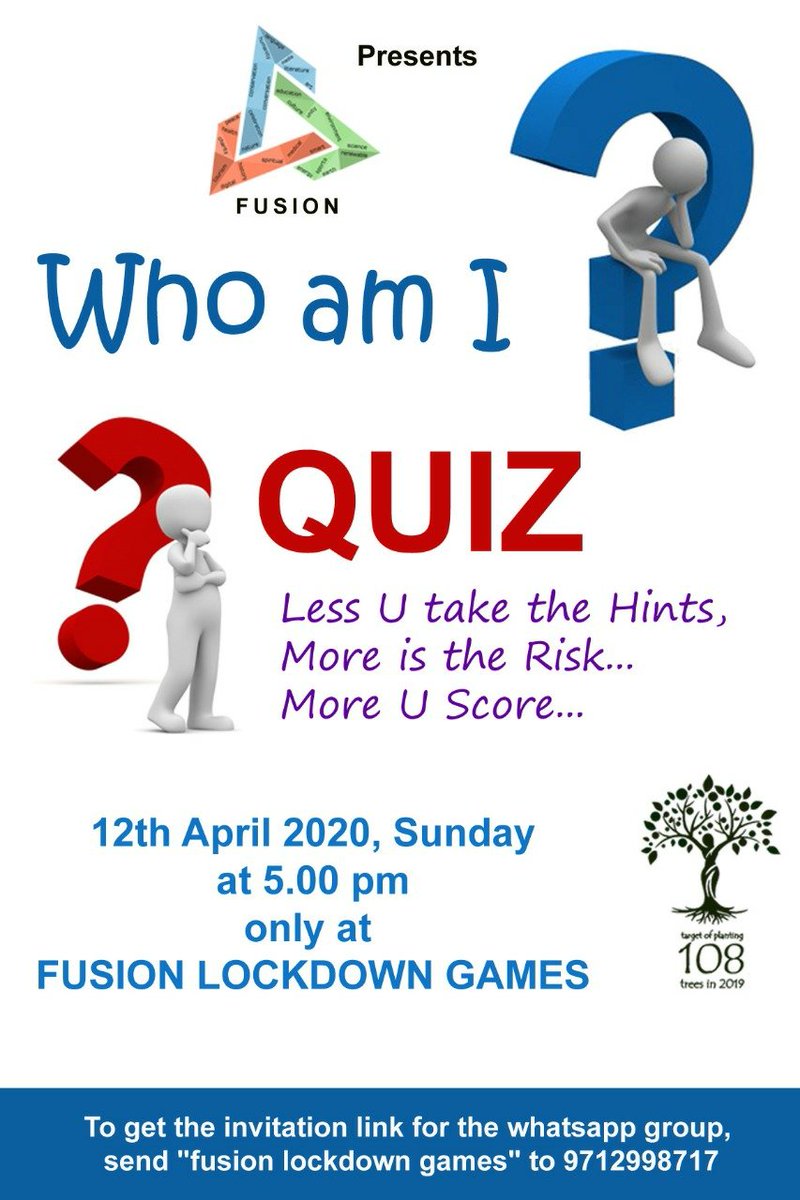 Different day...Different Quiz Who am I Quiz To hunt down your time in this lockdown, we have arranged Fusion Lockdown Games competition everyday. No fees n fun unlimited. #quiz #fusionkutch #fusiongroup #FusionLockdownGames #GK #GeneralQuiz #GeneralKnowledgeQuiz