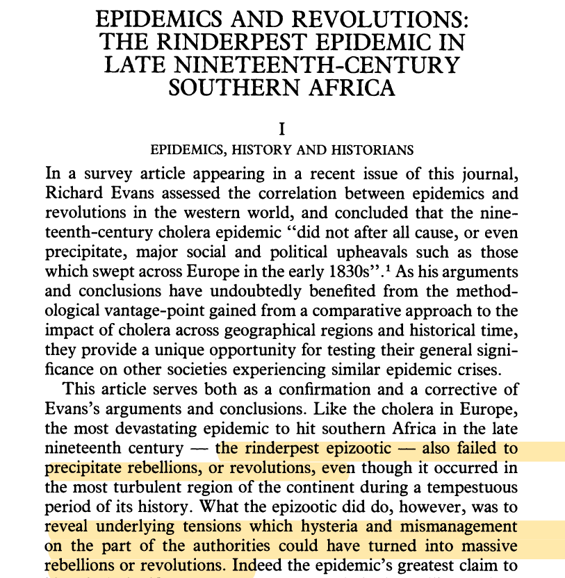 As colonizers watched nervously, rumours circulated that white men were spreading the disease. Yet unrest only reached open revolt in a few areas, like usually tranquil Basutoland.  #envhist continues to debate when & why epidemics do—or do not—precipitate revolution (9/n)