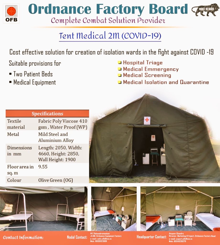 PIBMumbai's tweet photo. आयुध निर्माण मंडळ अर्थात @OFB_India च्या वतीने #COVID19 रुग्णांसाठी दोन खाटांच्या तंबुंचा पुरवठा 

#IndiaFightsCoronavirus

➡️https://t.co/qFiFw6w3Sh https://t.co/fsTzt7wJcE