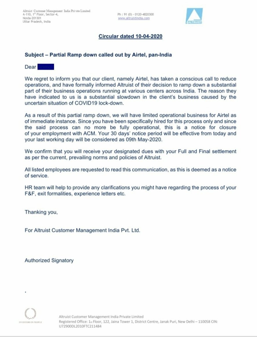 Arunraj197's tweet photo. @PMOIndia @narendramodi @LabourMinistry @CMofKarnataka @tv9kannada Even during COVID crisis we were coming to ofc risking our lives, since we work for essential services. But Altruist has informed us to resign because Airtel (client) is slowing down buisnes due to COVID lockdown https://t.co/bSh7cVDrPu