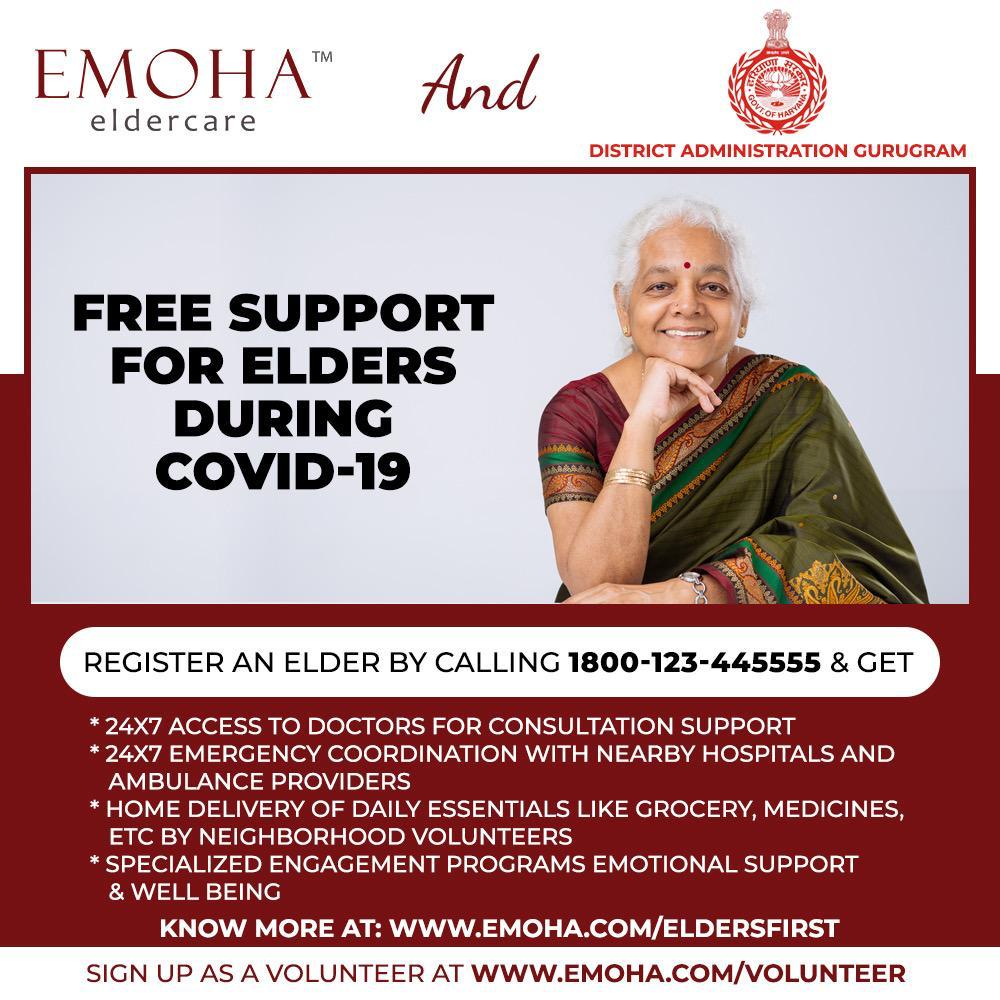 DC_Gurugram's tweet photo. @UJJWALGUPTAUJJ @mlkhattar @gurgaonpolice @PMOIndia We have partnered with 
@emohaeldercare
 for providing all needs of the elderly, including doctor consultation, home delivery of essentials, emotional support and emergency support. Would request you to reach out to them and let us know in case of non resolution. Thank you https://t.co/gPk6jVhtaL