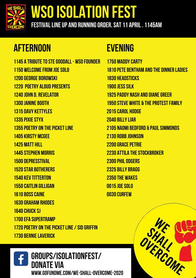 Incredible all day live festival happening *right now* all over the world, in our homes+gardens.  @WeShallWeekend ISOLATION FESTIVAL IS NOW!!1) JOIN THIS GROUP:  https://www.facebook.com/groups/isolationfest2) CLICK ANNOUNCEMENTS FOR ACTS ALL DAY!3) DONATE IN SOLIDARITY HERE:  https://www.gofundme.com/f/we-shall-overcome-2020