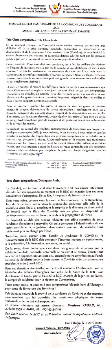 Communiqué sur la situation du Covid-19