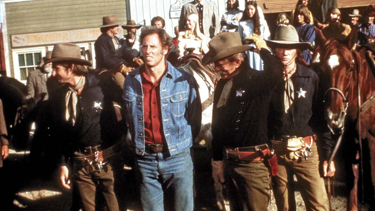 Second pick: Bruce Dern's Jean jacket in Posse. This was still the Victorian Era and jeans were known as "overalls" because they covered "proper clothing" (what we think of as overalls were known as bib overalls). No one had jean jackets: