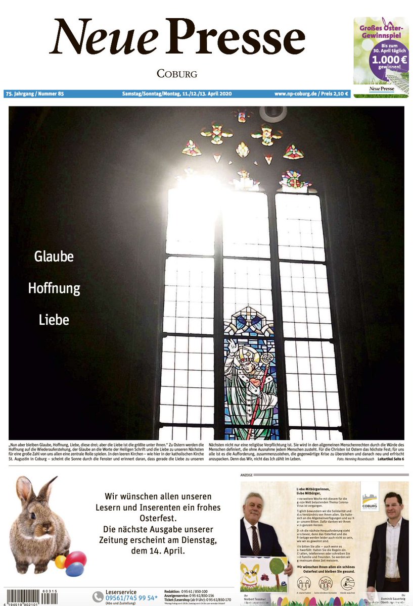 MarcelAuermann's tweet photo. Mit diesen #Titelseiten sagen der @kurier_online , die @Frankenpost und die @NPCoburg : Frohe #Ostern! https://t.co/veJofB3crV