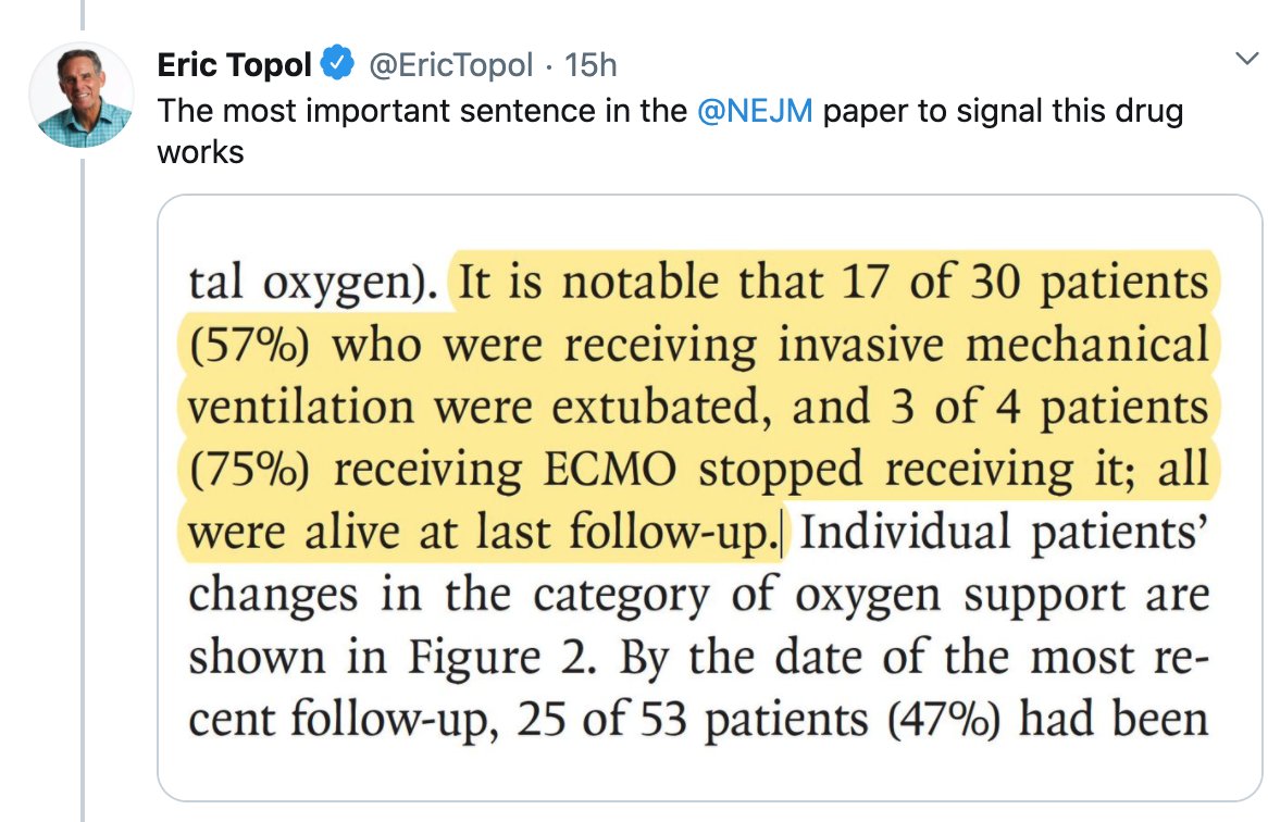 First the remdesivir NEJM.  @EricTopol was drawn to the fact that more than have the patients on the drug were extubated and 3 of 4 pts on ECMO stopped receiving it. Notable seems a good word choice.