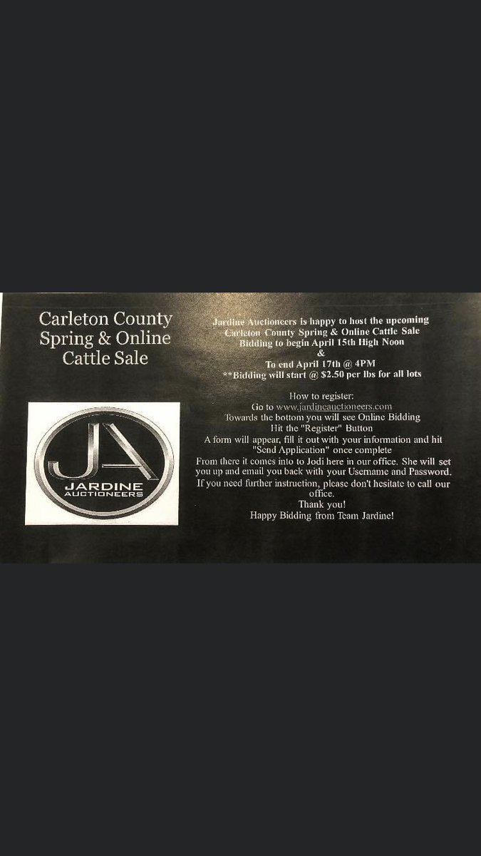Check out the 2020 online sale for the Carleton County Spring Show &amp; Sale. Please register <a href="/jardineauction/">Jardine Auctioneers</a> #CCSSS