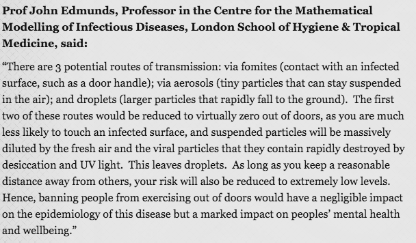 Certainly not taking risk of catching or spreading covid lightly, but in the open air risk is very, very small, whether exercising or sitting, and must be balanced against benefits of fresh air, exercise and sunlight.  https://www.sciencemediacentre.org/expert-reaction-to-comments-from-matt-hancock-about-not-ruling-out-potential-future-further-action-on-rules-on-exercise-outside-the-home-if-people-dont-comply-with-current-measures/